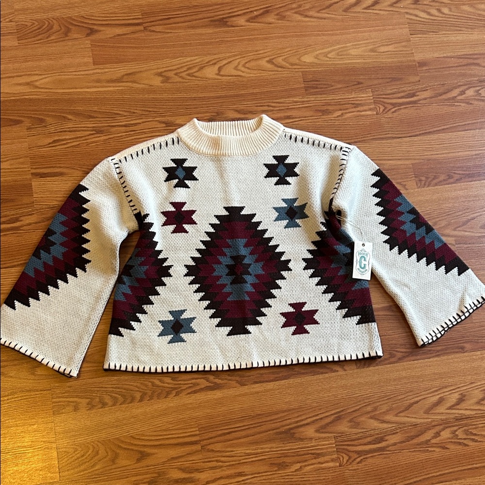 Geometric Patterned Sweater - Cream and Brown
